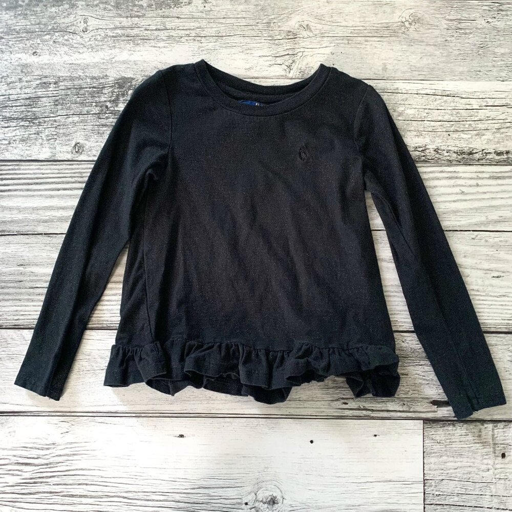 Polo Ralph Lauren Girls Top Glitter Jersey Knit Ruffle Hem  Long Sleeve Shirt